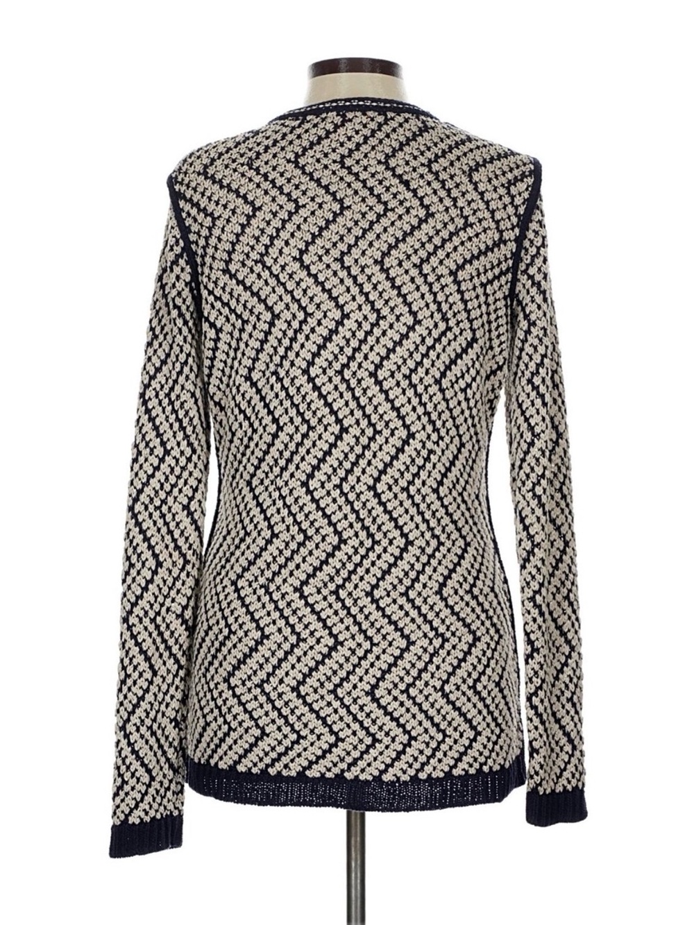 Tory Burch Women's Geometric Blue & Beige Knit V-Neck Long Sleeve Sweater, Large
